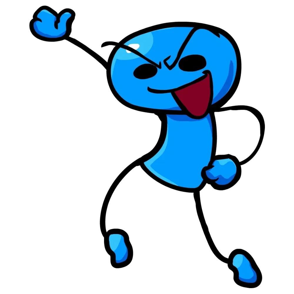 Blimbus, a blue fellow. He is smiling and striking a pose.